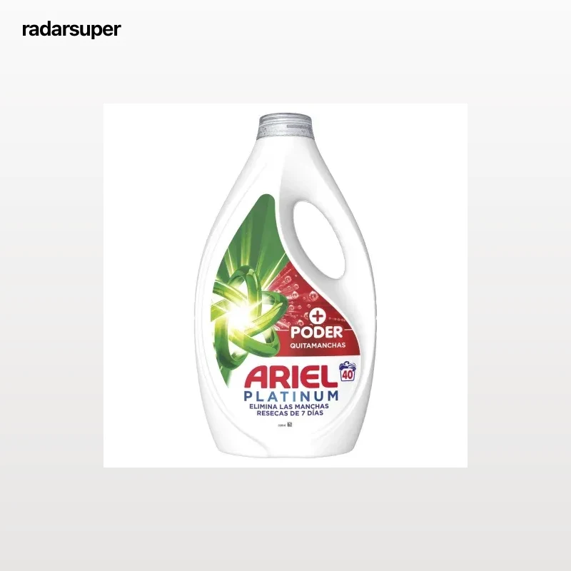 Detergente líquido +poder quitamanchas Ariel Platinum 40 lavados.