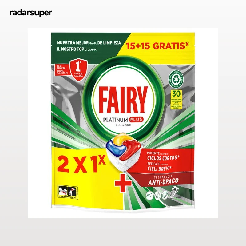 Detergente en pastillas para lavavajillas Fairy Platinum plus Limón 15+15 uds