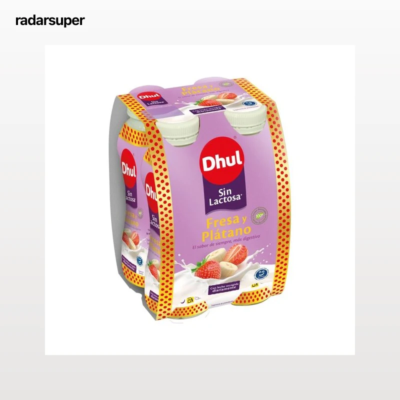 DHUL Yogur líquido para beber, sin lactosa con fresa y plátano Sin lactosa 4 x 160 g.