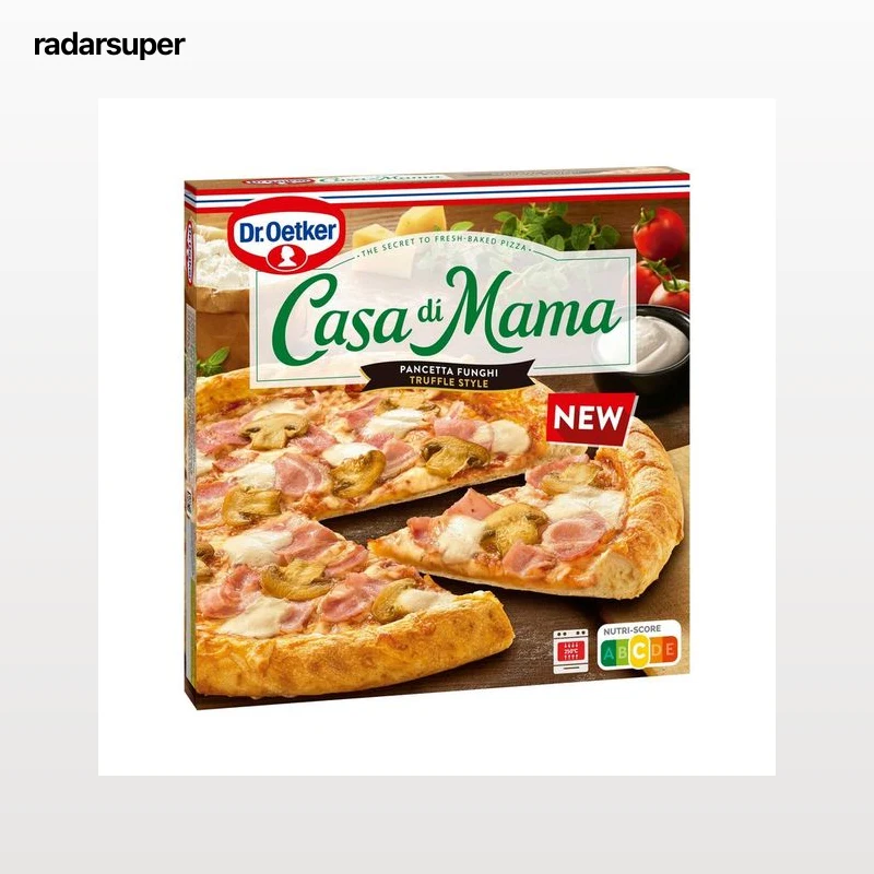 DR. OETKER Casa di mama Pizza congelada de masa fina con tocino, champiñones, queso y sabor a trufa 407 g.