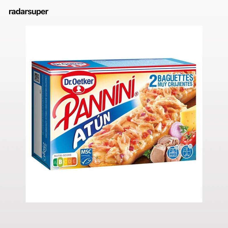 DR. OETKER Pannini crujiente con topping de tomate y cubierto por Edam, atún. tomate y cebolla 2 x 125 g.