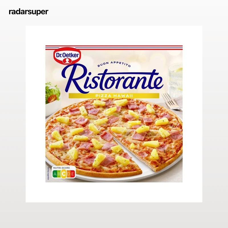 DR. OETKER Pizza de masa fina y crujiente cubierta con piña, jamón cocido y queso Ristorante 355 g.