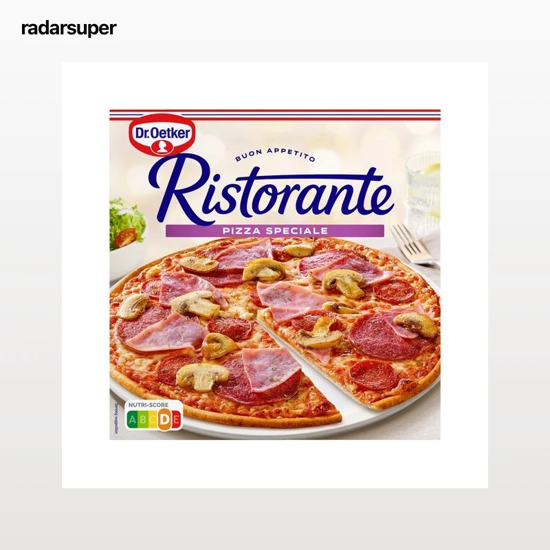 DR. OETKER Pizza de masa fina y crujiente cubierta de queso, salami, champiñón y jamón cocido Ristorante 345 g.