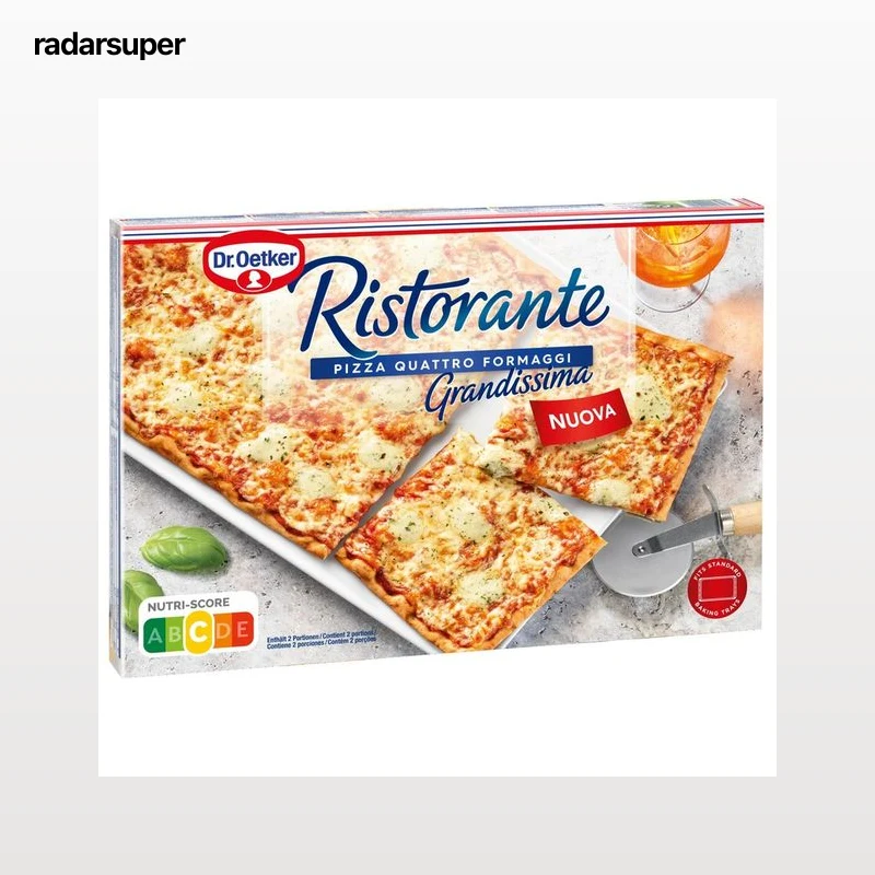 DR. OETKER Ristorante grandissima Pizza congelada de masa fina 4 quesos (Mozazarella, Edam, Emmental, Azul) 560 g.