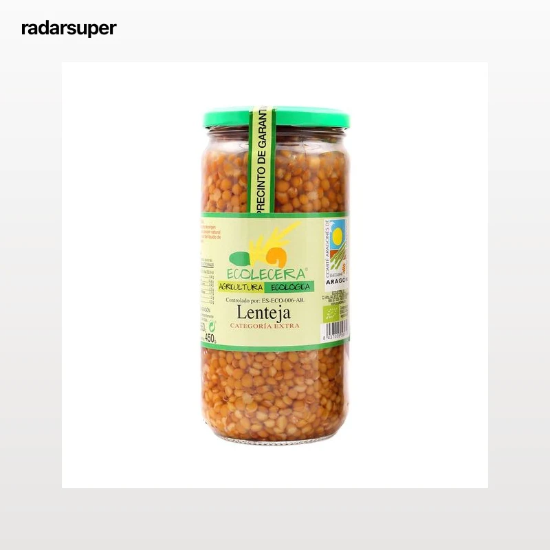 ECOLECERA Lenteja pardina cocida categoría extra, ecológica 450 g.