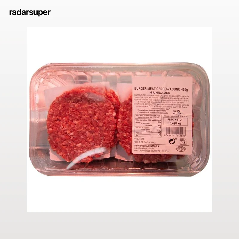 EMBUTIDOS DEL CENTRO Bandeja con burger meat mixta (cerdo-vacuno) EMBUTIDOS DEL CENTRO 6 x 70 g.