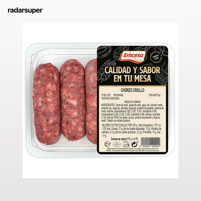 EMCESA Bandeja de chorizos criollos elaborados sin gluten 400 g.