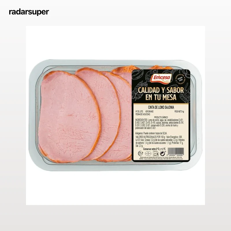EMCESA Bandeja con cinta de lomo tipo Sajonia, cortada en fieltes 300 g.