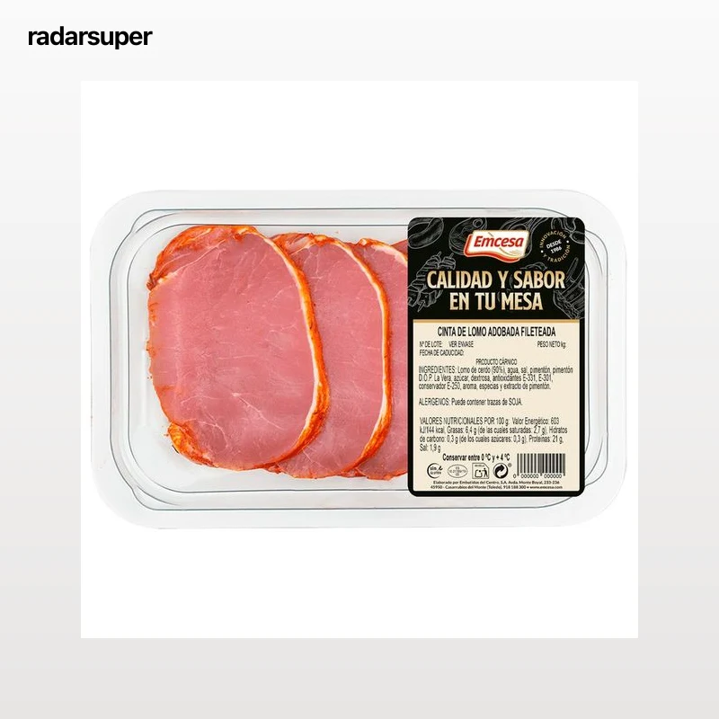 EMCESA Bandeja de filetes de cinta lomo de cerdo adobado, elaborados sin gluten 260 g.