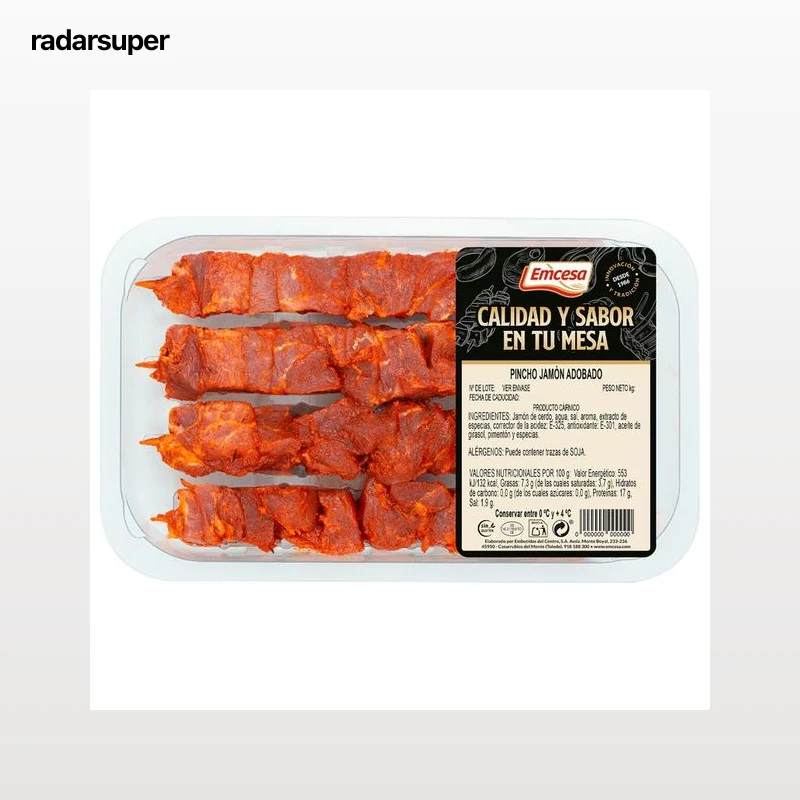 EMCESA Bandeja de pinchos de jamón de cerdo adobado (pinchos morunos) 4 x 80 g.
