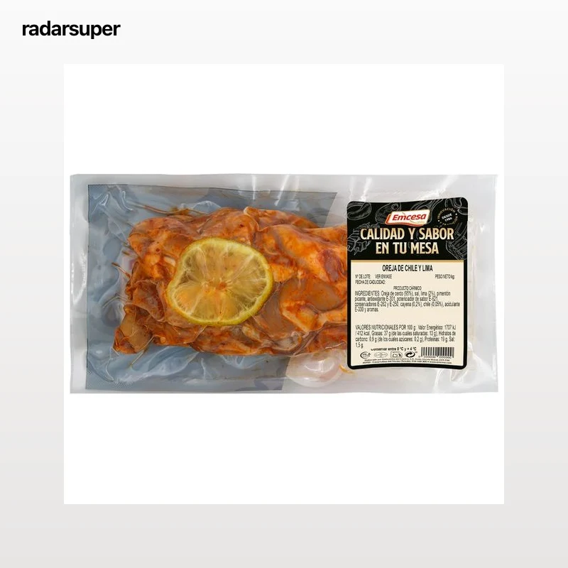 EMCESA Oreja de cerdo cocida y troceada con un toque de lima y chile 450 g.