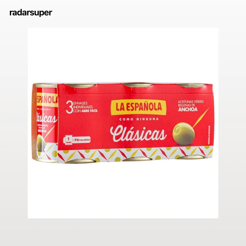 LA ESPAÑOLA Aceitunas verdes rellenas de anchoa Clásicas pack de 3 latas de 50 g.