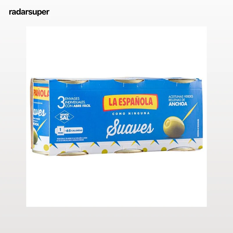LA ESPAÑOLA Aceitunas verdes rellenas de anchoas Suaves pack de 3 latas de 50 g.