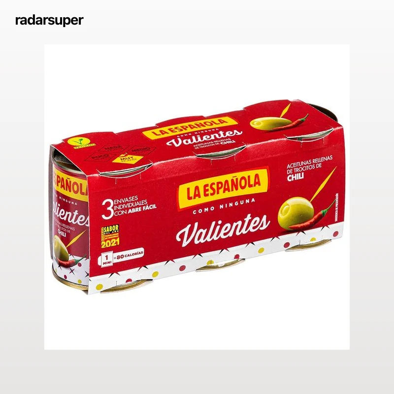 LA ESPAÑOLA Aceitunas verdes rellenas de pimiento Valientes pack 3 latas de 50 g.