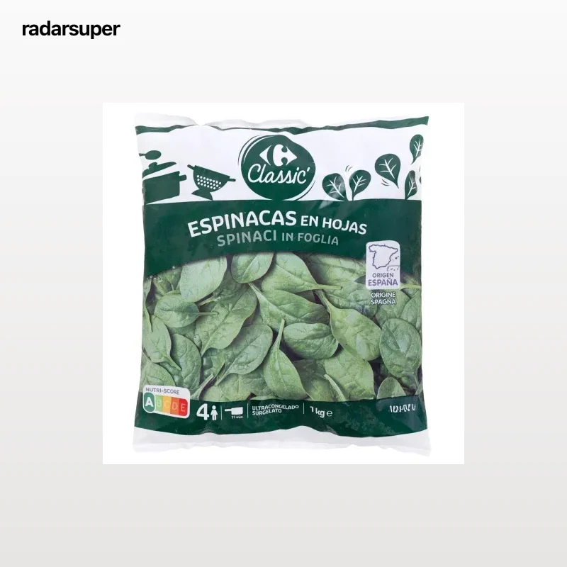 Espinacas en hojas ultracongeladas Carrefour Extra 1 kg.