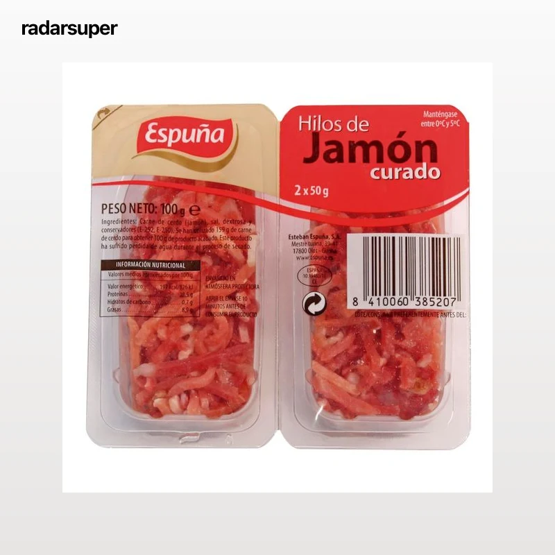 ESPUÑA Jamón curado cortado en hilos y elaborado sin gluten ESPUÑA 2 x 50 g.