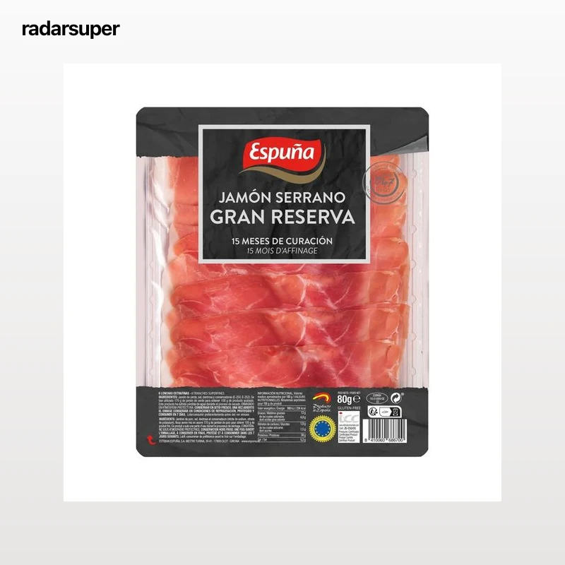 ESPUÑA Jamón serrano gran reserva (15 meses de curación) cortado en lonchas 80 g.