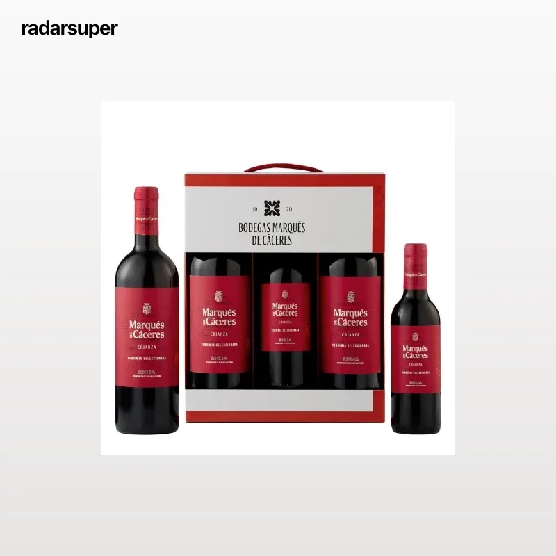 Estuche de 2 botellas de vino tinto crianza 75 cl. + 1 botella tinto crianza Marqués de Cáceres D.O. Ca. Rioja 37,5 cl.