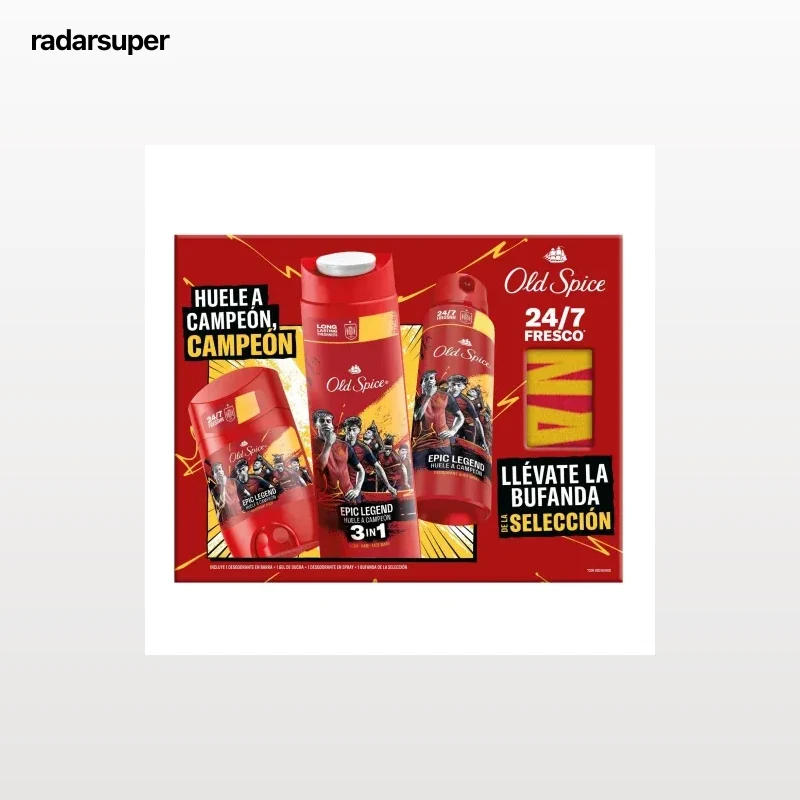 Estuche Old Spice Seleccion Española: desodorante spray 150 ml, desodorante stick 50 ml y gel champú 3en1 400 ml.