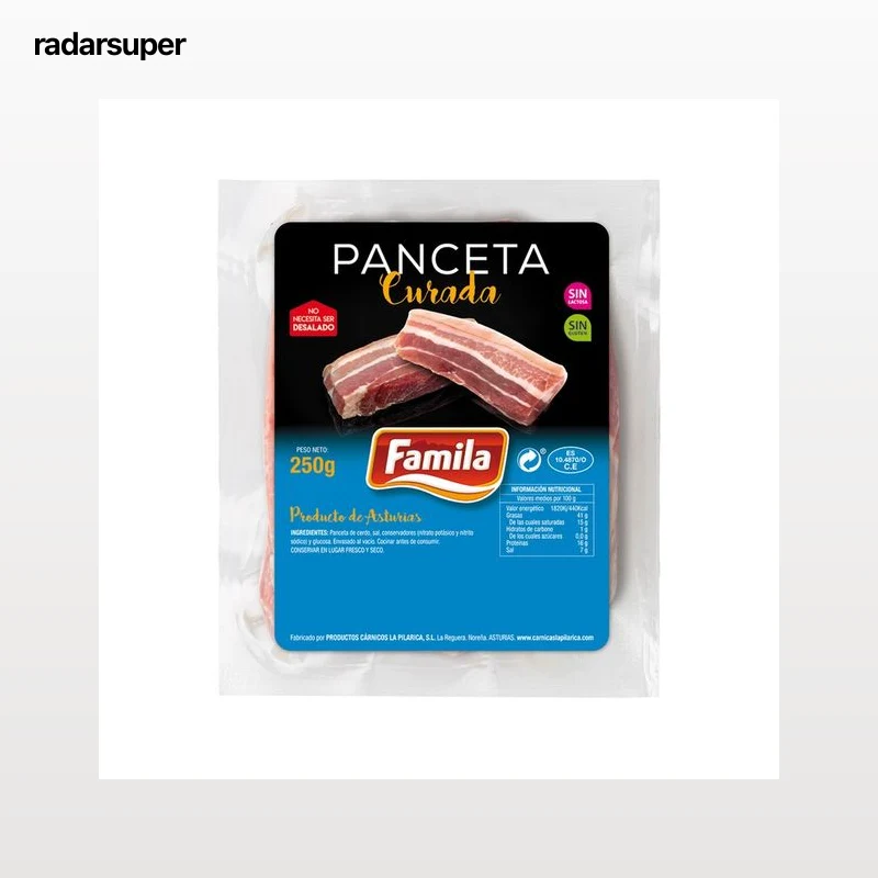 FAMILIA Panceta asturiana curada, en trozos, elaborada sin gluten y sin lactosa FAMILIA 250 g.