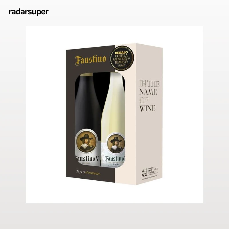 FAUSTINO V Esctuche con botella de vino tinto reserva y vino blanco ambos con D.O. Ca. Rioja.