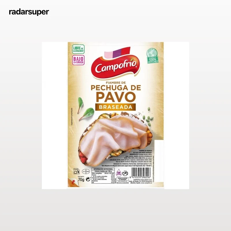 Fiambre de pechuga de pavo braseada en lonchas Campofrío sin gluten y sin lactosa 70 g.