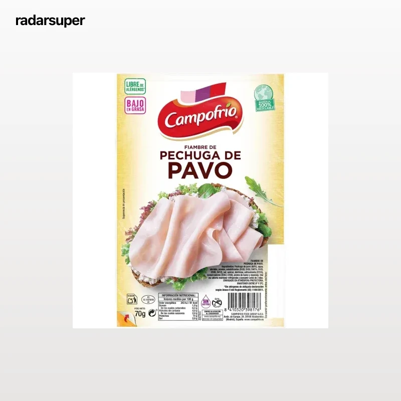 Fiambre de pechuga de pavo en lonchas Campofrío sin gluten y sin lactosa 70 g.