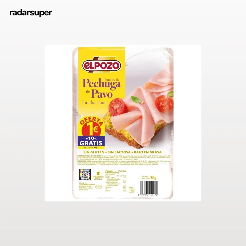 Fiambre de Pechuga de Pavo en lonchas ElPozo sin gluten y sin lactosa 80 g