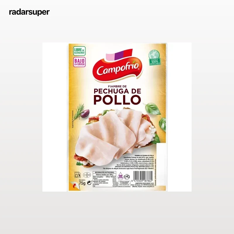 Fiambre de pechuga de pollo en lonchas Campofrío sin gluten y sin lactosa 75 g