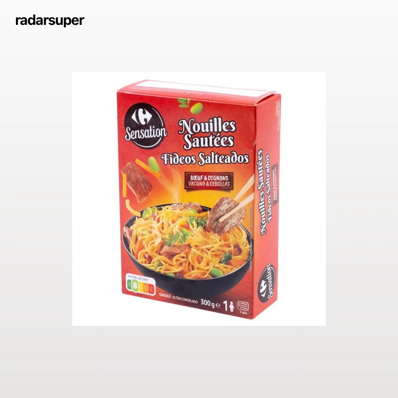 Fideos salteados con carne de vacuno y cebolla Carrefour Sensation 300 g.