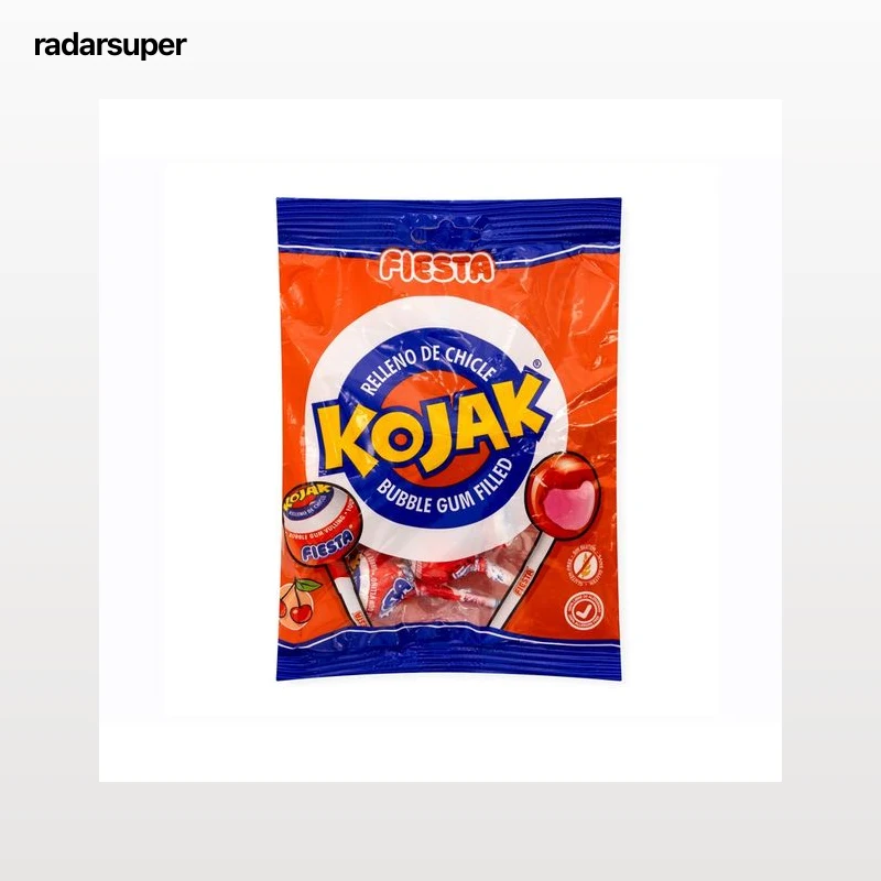 FIESTA KOJAK Caramelos con palo, sabor a fresa y con chicle en su interior 7 uds.