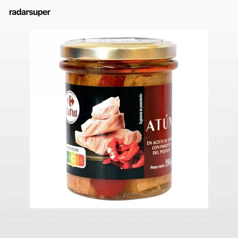 Filete de atún con pimiento del piquillo y aceite de oliva Extra Carrefour 130 g.