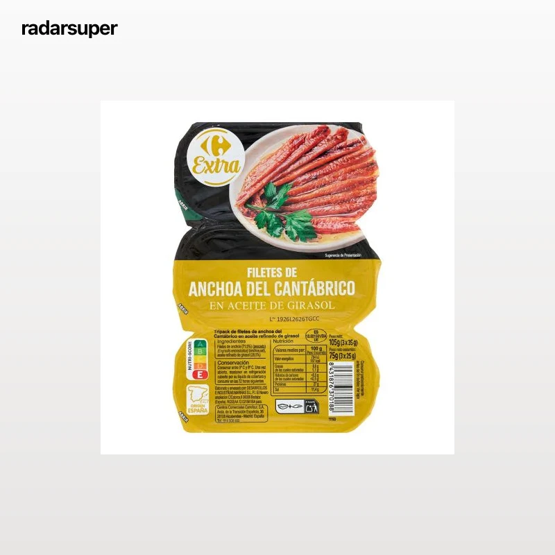 Filetes de anchoa del Cantábrico en aceite de girasol Carrefour Extra pack de 3 unidades de 25 g.