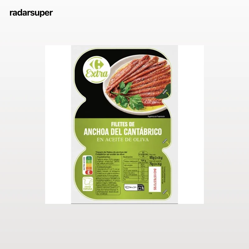 Filetes de anchoa del Cantábrico en aceite de oliva Carrefour Extra pack de 3 unidades de 25 g.