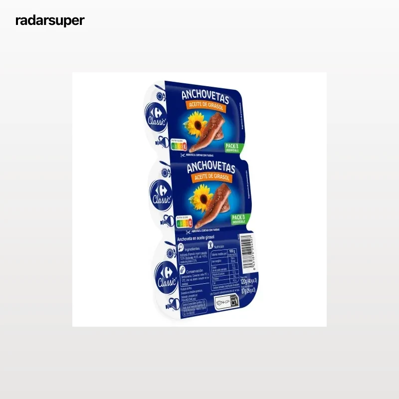 Filetes de anchoa en aceite de girasol Classic Carrefour pack 3 unidades de 29 g.