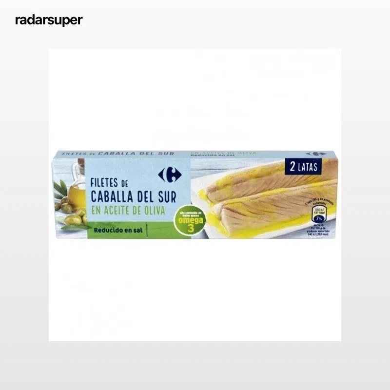 Filetes de caballa del sur en aceite de oliva bajo en sal Classic Carrefour pack de 2 latas de 65 g.