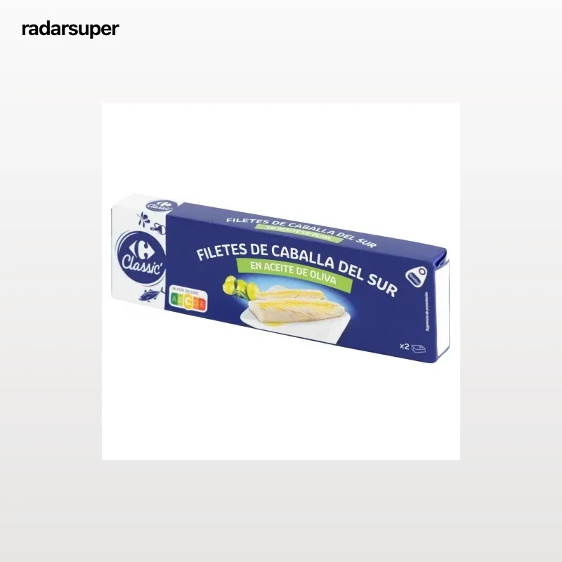 Filetes de caballa del Sur en aceite de oliva Classic Carrefour pack de 2 unidades de 65 g.