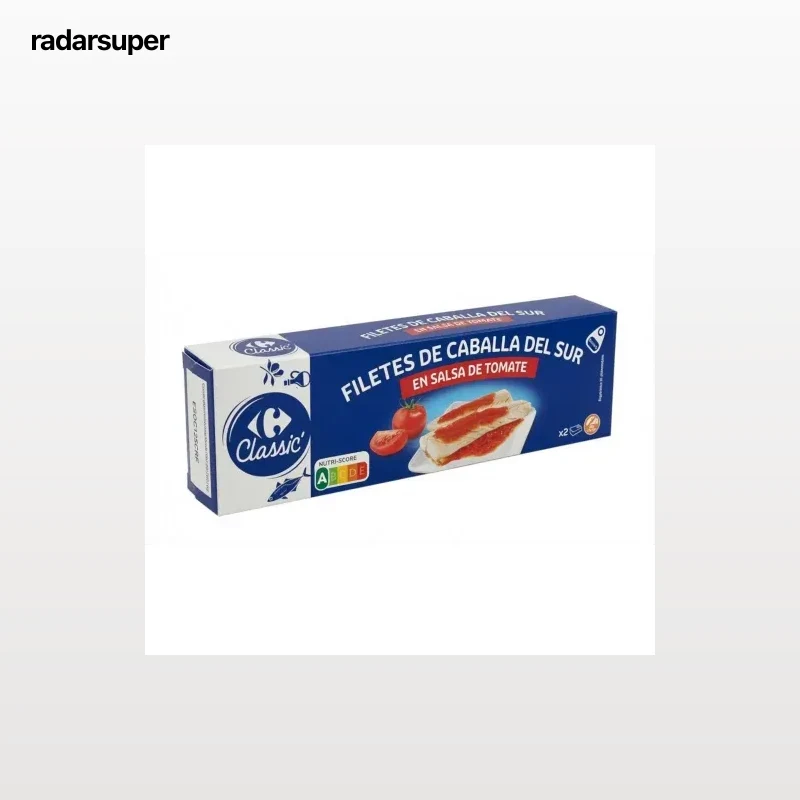 Filetes de caballa del sur en salsa de tomate Classic Carrefour sin gluten pack 2 unidades de 82 g.