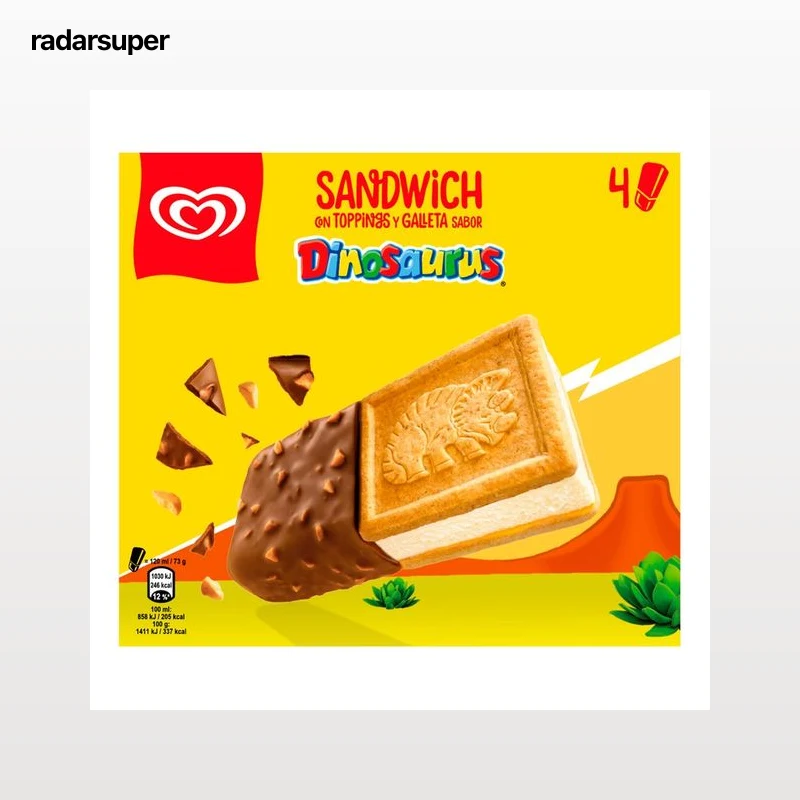 FRIGO Dinosaurus Sándwich de helado galleta toppings y galleta sabor dinosaurus 4 x 130 ml.