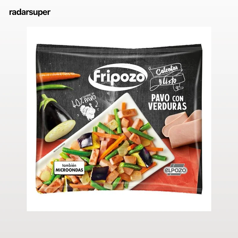 FRIPOZO Salteado de pavo con brotes de cebolla, judías verdes, zanahoria y berenjena de 400 g.