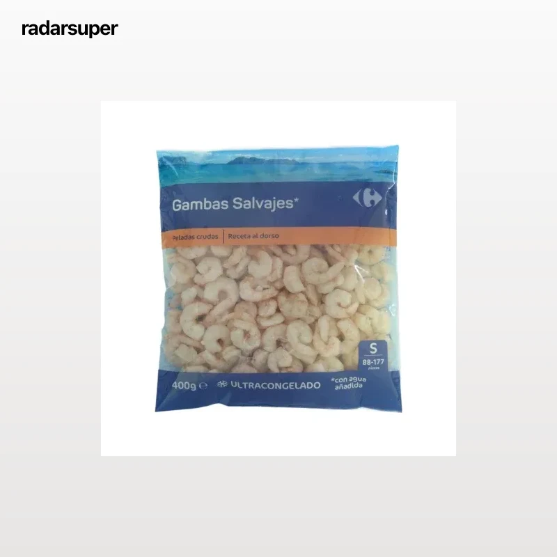 Gambas salvajes peladas crudas ultracongeladas Carrefour 400 g.