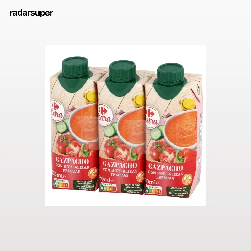 Gazpacho con aceite de oliva virgen extra Carrefour sin gluten pack de 3 unidades de 330 ml.