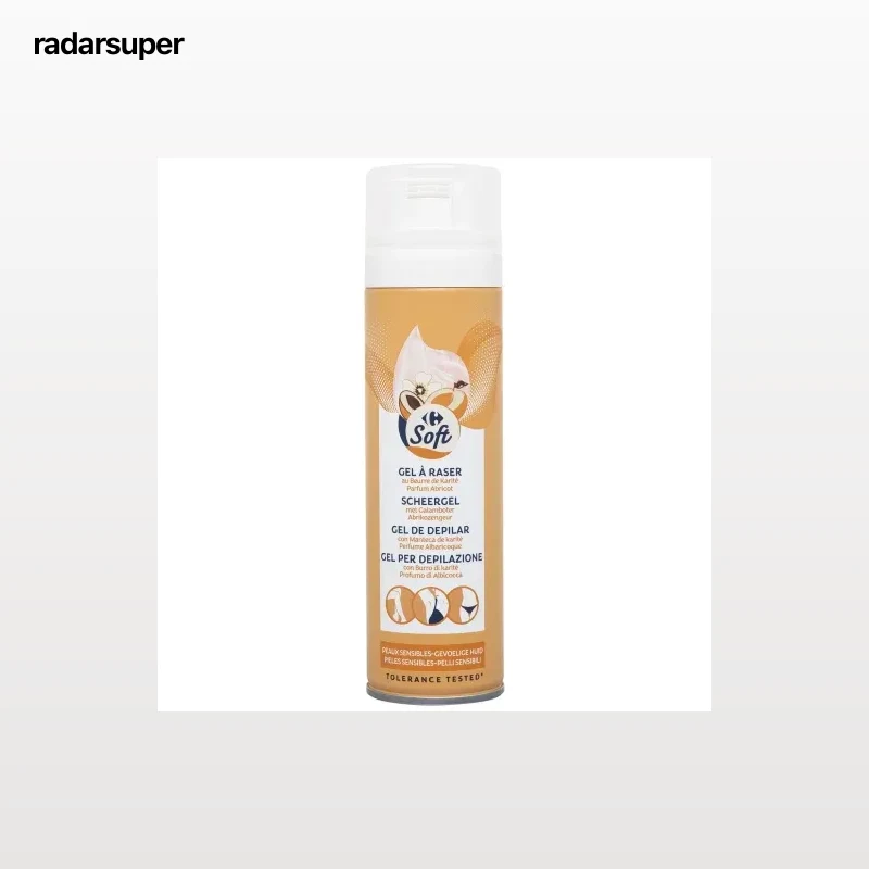Gel de depilar piel sensible con manteca de karité perfume albaricoque Carrefour Soft 200 ml.
