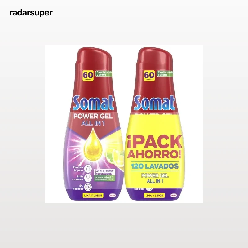 Gel para lavavajillas Todo en 1 Gel lima y limón Somat pack de 2 unidades de 60 lavados.