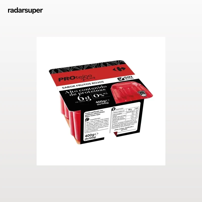 Gelatina sabor frutos rojos Proteína Plus 0% materia grasa Carrefour sin gluten pack de 4 unidades de 100 g.