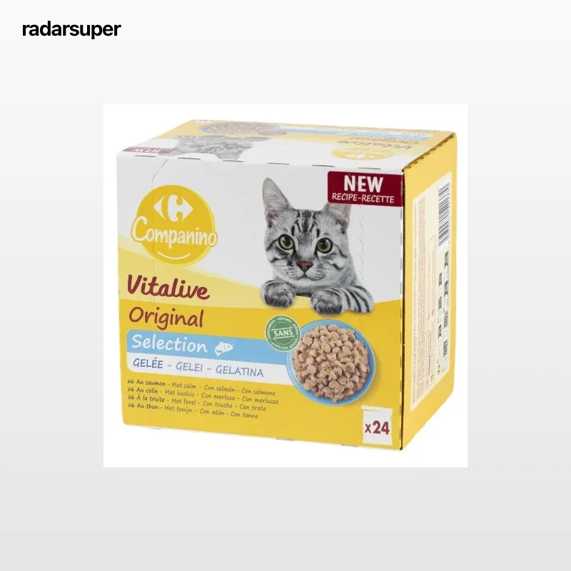 Gelatina selección de pescado para gato adulto Vitalive Carrefour 24 sobres de 100 g.