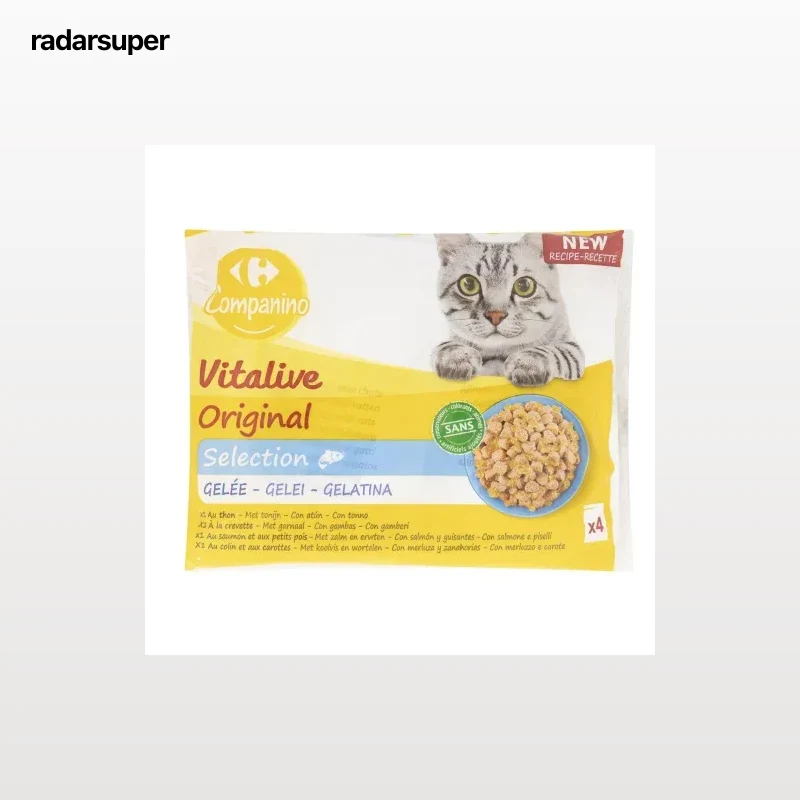Gelatina selección de pescados para gatos adulto Vitalive Carrefour 4 sobres de 100 g.