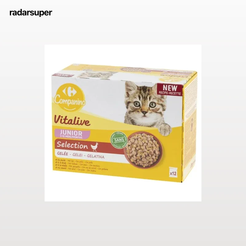 Gelatina selección de pollo para gato junior Vitalive Carrefour 12 sobres de 100 g.