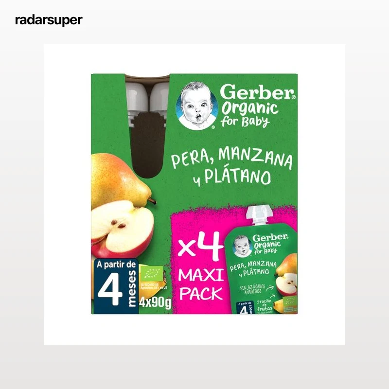 GERBER Organic Bolsitas de frutas (pera, manzana y plátano) ecológicas, a paritr de 4 meses 4 x 90 g.