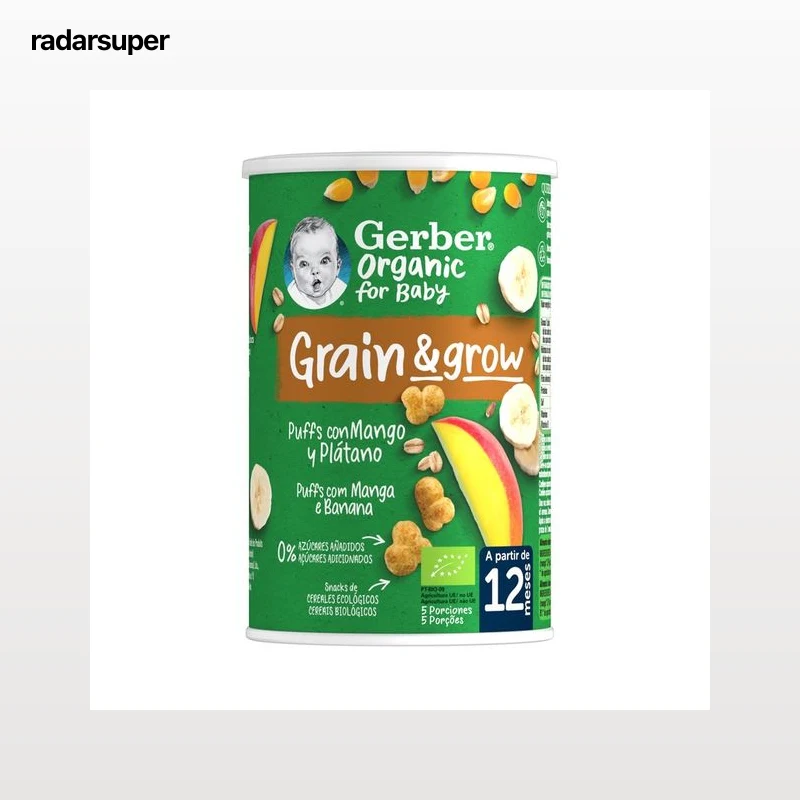 GERBER Organic Snacks (puffs) de cereales ecológicos, con mango y plátano, a paritr de 12 meses 35 g.